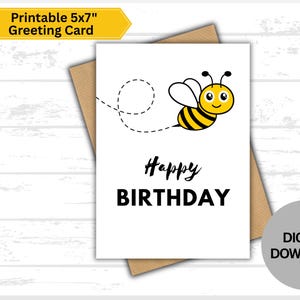 Bee Happy Birthday Card Printable – Cute Bumble Bee Digital Card – Instant Download Birthday Card – Funny Bee Greeting