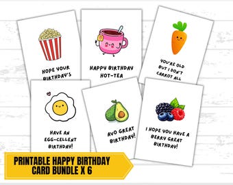 Funny Birthday Card Bundle Printable | 6 Pun Birthday Cards | Cute Food Birthday Cards Set | Digital Download