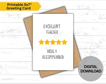Printable Funny Teacher Thank You Card, Excellent Teacher 5 Star Review, Highly Recommended, Digital Download 5x7