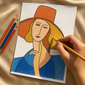 May include: A colored pencil drawing of a woman wearing a hat and blue dress. The drawing is in progress, with a hand holding a yellow pencil. Three colored pencils, orange, blue, and red, are on the left side of the image.