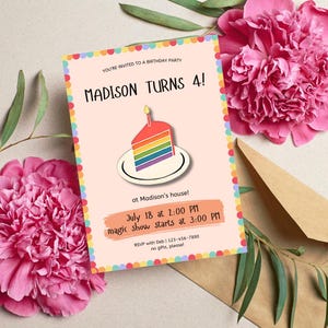 May include: A birthday party invitation with the text "MADISON TURNS 4!" and a rainbow cake illustration. The invitation includes party details: July 18 at 2:00 PM, magic show at 3:00 PM. Pink flowers and a brown envelope are in the background.