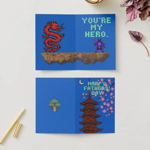 Biglietto d'auguri digitale per la festa del papà - Sei il mio eroe - Divertente design a 8 bit ispirato a un gioco retrò