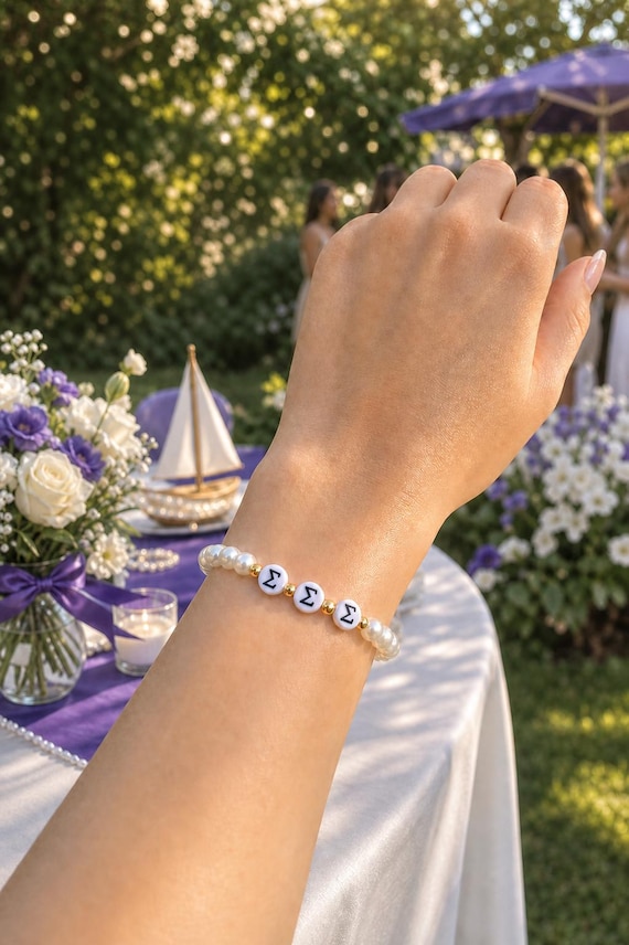 Tri Sigma Sorority Pearl Beaded Bracelet - Big Little Gifts, Personalized Greek Letter Jewelry - Bid Day Basket