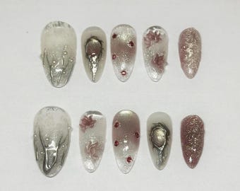 Pink Cateye Nails | Pink Press On Nails | Pearly Nails | Medium Almond Nails | Whimsical Sparkly Nails