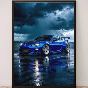 トヨタGT86ポスター ブルー ワイドボディ 雨嵐、日本のJDMチューニング ウォールアート、スタンス デジタルダウンロード、自動車ゲームルーム装飾ギフト