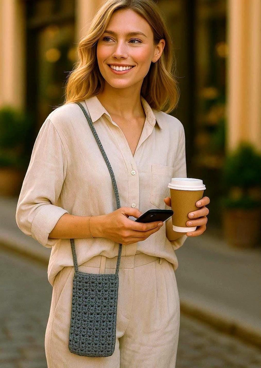 Handmade Crochet Phone Bag, Crossbody Cell Phone Purse, Gray