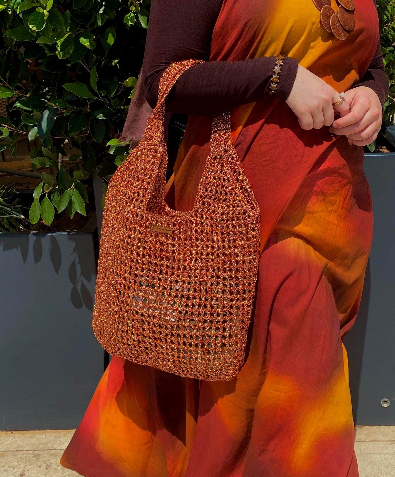 Woven Beach Bag – Handmade Summer Tote – Straw Look Shoulder 
