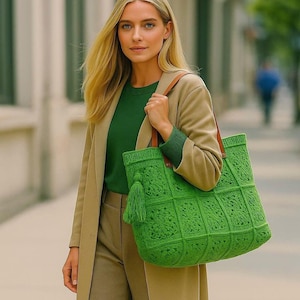 Borsa tote verde all'uncinetto fatta a mano – Borsa a tracolla grande in maglia – Borsa da mercato boho ecologica – Borsa da spiaggia estiva riutilizzabile – Stile boho