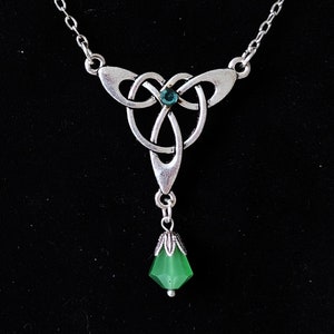 Silverplated Celtic Knot Necklace: Green Crystal Triquetra Pendant