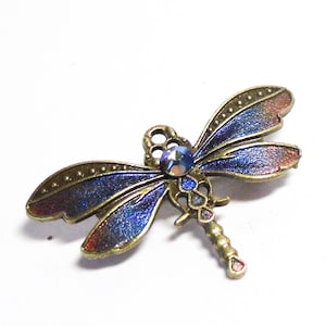 Blue copper dragonfly brooch, art nouveau jewellery, gold dragonfly, handpainted jewellery, victorian pin, aurora crystal, steampunk brooch