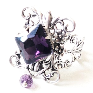 Amethyst glass ring, Art Nouveau ring, silver filigree, adjustable ring, dark purple crystal jewellery, Victorian ring