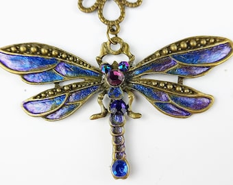 Handbeschilderde art nouveau-libelketting: paars en blauw Swarovski-kristal