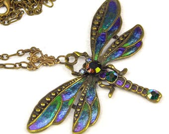 Handpainted Dragonfly Necklace: Art Nouveau Peacock Jewellery, Swarovski Crystal