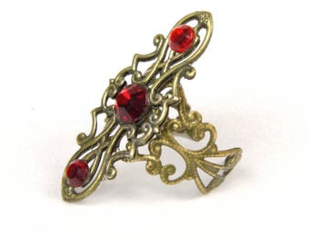 Red renaissance filigree ring, medieval ring, gold red ring, adjustable ring, Art Nouveau jewelry, gold filigree, red crystal, elven ring