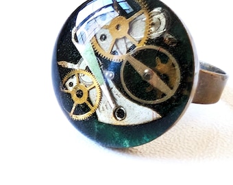 Grön urverksring: Steampunk justerbara armbandsur