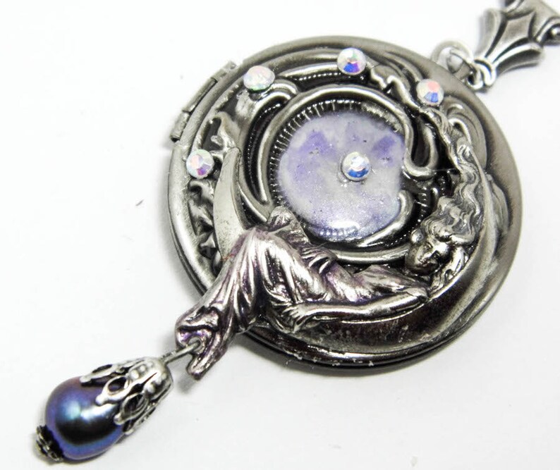 Art Nouveau moon goddess locket,  silver locket, Victorian penda