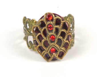 Art Deco filigree ring, red gold ring, abalone ring, red abalone, adjustable ring, Art Deco jewelry, gold filigree, Downton, fan ring