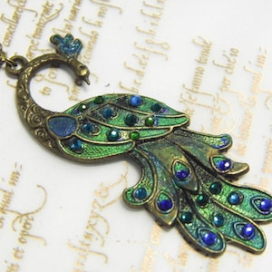 Art Nouveau Peacock Pendant Necklace: Handpainted Rhinestone Jewellery