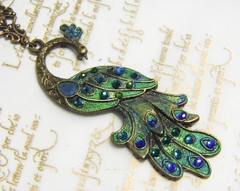Art Nouveau Peacock Pendant Necklace: Handpainted Rhinestone Jewellery