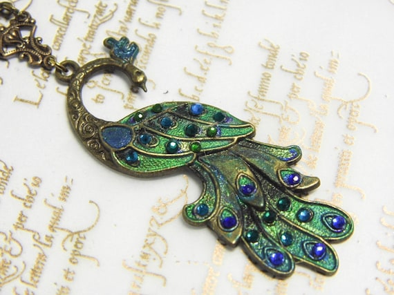 Art Nouveau Peacock Pendant Necklace: Handpainted Rhinestone Jewellery