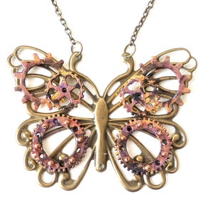 Steampunk Butterfly necklace, clockwork butterfly, steampunk jewellery, bronze butterfly, steampunk pendant, copper gold, purple cogs