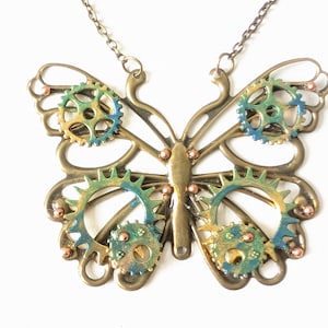Steampunk butterfly necklace, clockwork butterfly, steampunk jewellery, bronze butterfly, steampunk pendant, green gold, green cogs