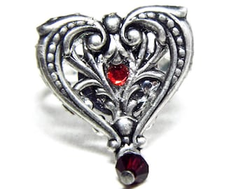 Filigree heart ring, Art Nouveau ring, silver heart, red crystal, adjustable ring, Victorian jewellery, silver filigree