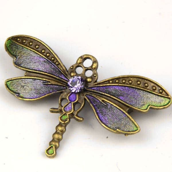 Lilac dragonfly brooch, art nouveau jewellery, gold dragonfly, handpainted jewellery, victorian brooch, lilac crystal, steampunk brooch