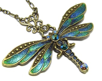 Handpainted Dragonfly Necklace: Art Nouveau Swarovski Crystal Jewellery