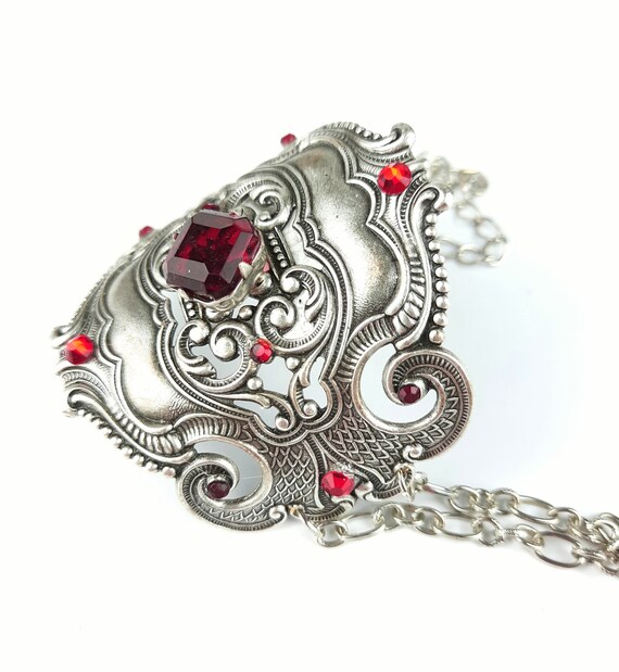 Silver filigree cuff bracelet, ruby crystal, Art Nouveau bracelet,  Victorian bracelet, Victorian jewellery,  silver cuff