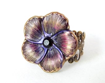 Victorian floral ring, Art Nouveau ring, pansy ring, adjustable ring, dress ring, victorian jewelry, flower ring, purple flower