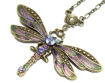Handpainted Dragonfly Necklace: Art Nouveau Swarovski Crystal Jewellery
