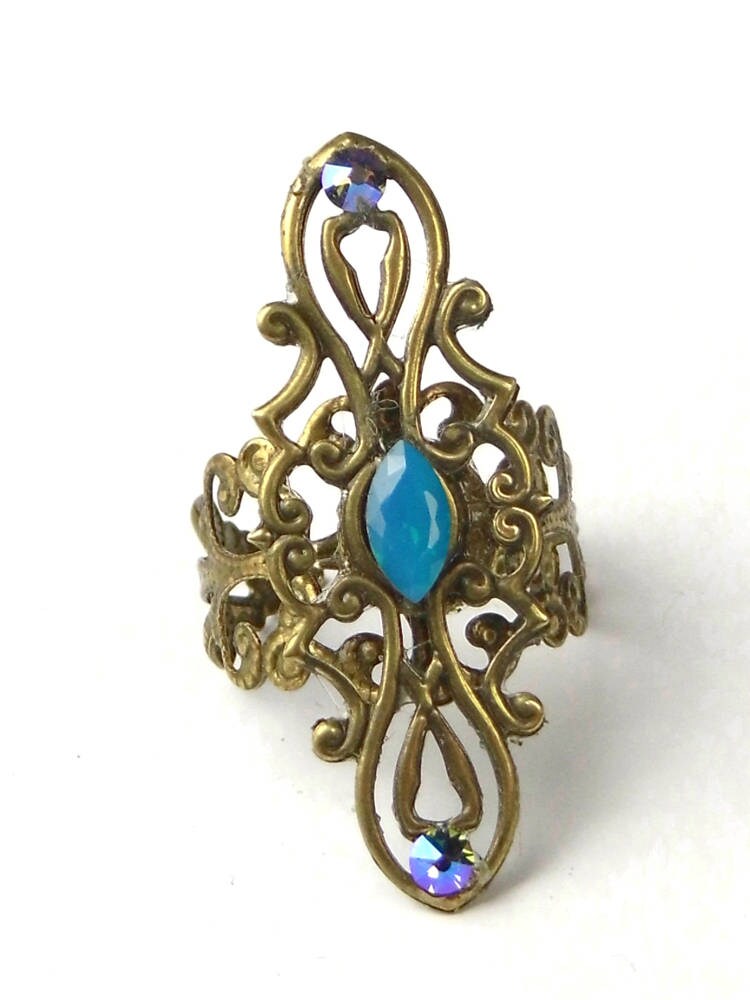 turquoise crystal adjustable ring gold blue ring Turquoise filigree ring gold filigree medieval ring elven ring Art Nouveau jewelry