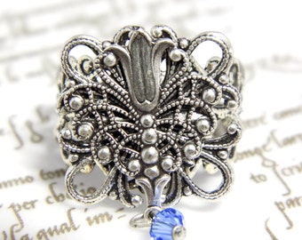 Art Nouveau filigree ring, blue crystal, Victorian jewellery, Tudor, silver filigree, Art Nouveau ring, blue silver ring