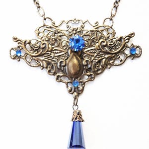 Steampunk Filigree Necklace: Blue Swarovski Crystal Victorian Pendant