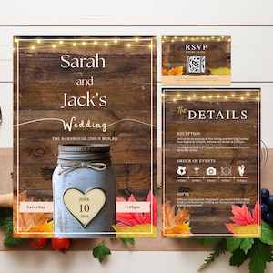 Conjunto de convites de casamento rústicos, convites de casamento com tema de pote de vidro e madeira, cartão de detalhes, modelo editável de cartão RSVP, Canva