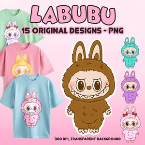 Diseños de descarga digital de Labubu / Paquete de 15 PNG de Labubu / Diseño original de Labubu para uso comercial / Sublimación de camisetas / Clip Art de Labubu