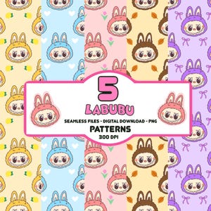 Cute Labubu Seamless Pattern Pack PNG | Seamless Kawaii Cartoon Backgrounds | Digital Papers for Sublimation, Scrapbooking, Crafts and more