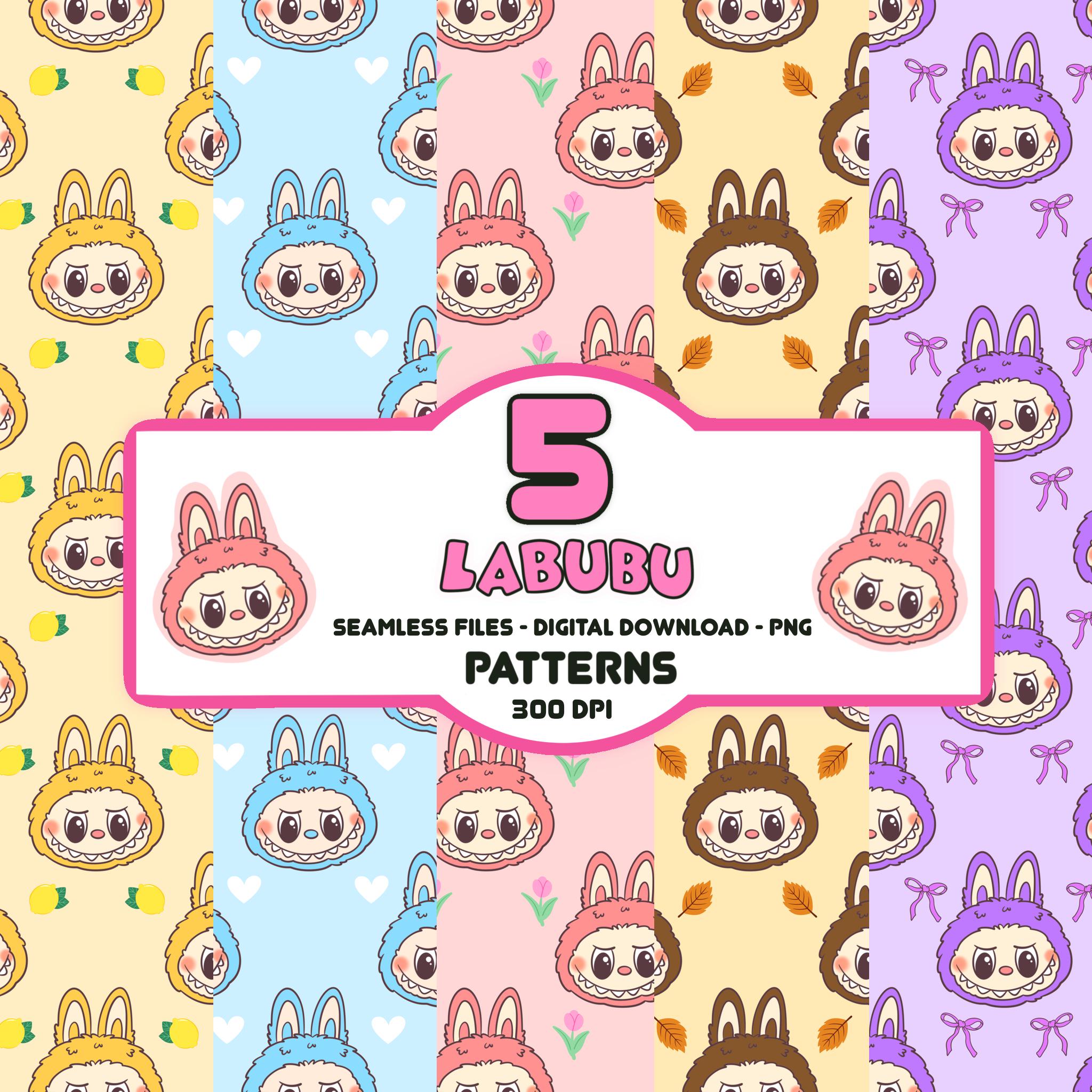 Cute Labubu Seamless Pattern Pack PNG | Seamless Kawaii Cartoon Backgrounds | Digital Papers for Sublimation, Scrapbooking, Crafts and more