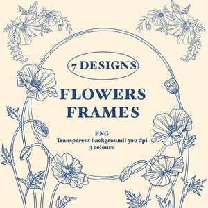 Clipart cadre floral | Dessin au trait de fleurs | Fleurs de mariage | Bordures florales numériques PNG | Fleurs botaniques | Lot PNG dessiné à la main