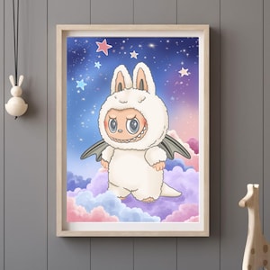 Labubu Zimomo デジタルウォールアート | かわいい印刷可能なポスター | 保育園、子供部屋、寝室、アニメの装飾にすぐにダウンロードできるイラスト