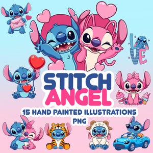 Lilo and Stitch Clipart Bundle | Stitch and Angel | Kawaii Monster PNG | Cute Character | Hand-drawn Print Art | T Shirt Sublimation