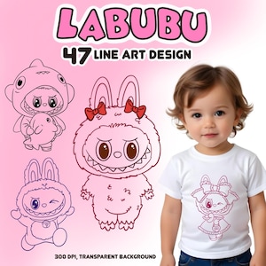 Conjunto de imágenes prediseñadas de diseño Labubu / Ilustraciones kawaii / 47 PNG descarga digital / Arte lineal Labubu para uso comercial / Sublimación de camisetas