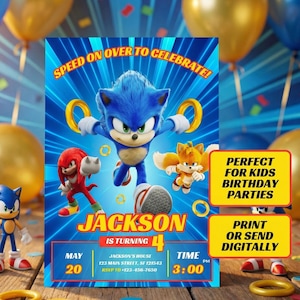 Zaproszenie urodzinowe Sonic 3 na imprezę dla dzieci, edytowalne zaproszenie Sonic the Hedgehog, szablon urodzinowy dla chłopców i dziewcząt, natychmiastowe pobranie