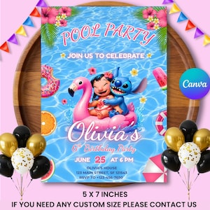 Bearbeitbare Stitch-Geburtstagseinladung, druckbare Stitch-Einladung für Mädchen, Stitch- und Lilo-Geburtstagsfeier einladen, Canva Edit