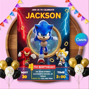 3 Faire-part d'anniversaire Sonic, Super Hedgehog Boys, faire-part de fête Super Sonic, Invitation de fête Super Sonic, modèle d'invitation Sonic modifiable, modèle Canva