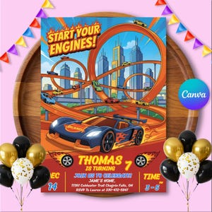 Puede incluir: Una invitación de cumpleaños con temática de Hot Wheels. El diseño incluye una pista de carreras con coches, llamas y el texto "START YOUR ENGINES!". La invitación es para el 7º cumpleaños de Thomas, con detalles de fecha, hora y lugar.