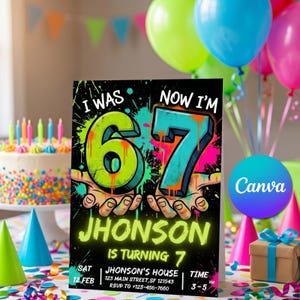 May include: A birthday party invitation with the text "I WAS 6, NOW I'M 7" in neon green and blue. The invitation includes party details: "JHONSON IS TURNING 7" with the date, time, and location. Colorful balloons and a cake are in the background.