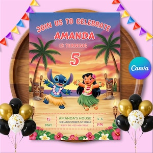 Lilo & Stitch Birthday Invitation: Editable Canva Template (Digital Download)