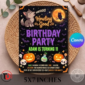 Editable Halloween Birthday Party Invitation, Howling Wolf Theme, Boys Spooky Night Sky Invite, Printable Digital Download, Canva Template
